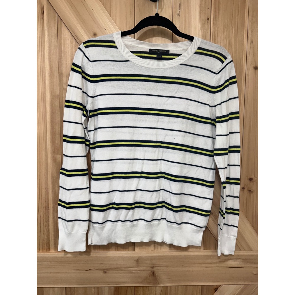 Banana Republic Womens White Navy Lime Green Striped Crew Neck Sweater Medium